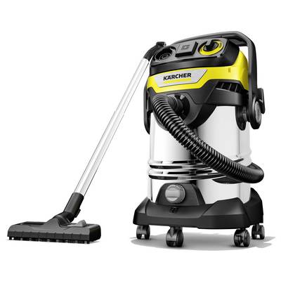 A yellow and silver vacuum cleaner with a black hose and floor attachment, featuring the brand 'Karcher' on the front.