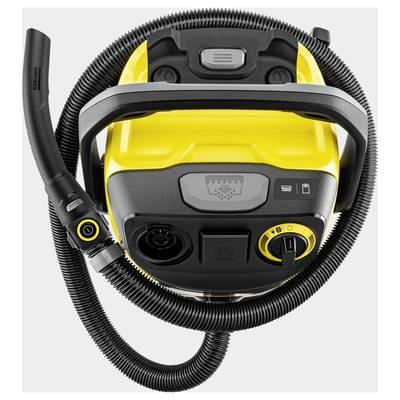 A yellow and black vacuum cleaner with a flexible hose, power button, and control knob, designed for versatile cleaning tasks.