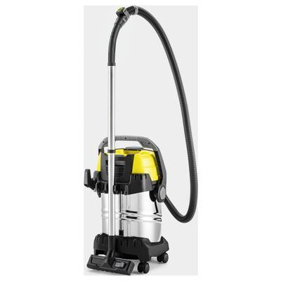 Industrial vacuum cleaner with a yellow and silver finish, featuring a long hose and sturdy wheels for easy mobility.