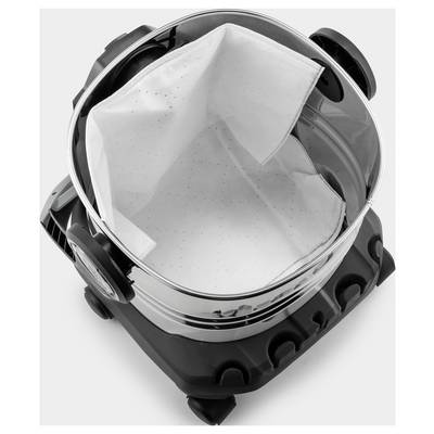 Top view of a vacuum cleaner with an open transparent bin, showing an inner white filter bag. The device has a black base with wheels.