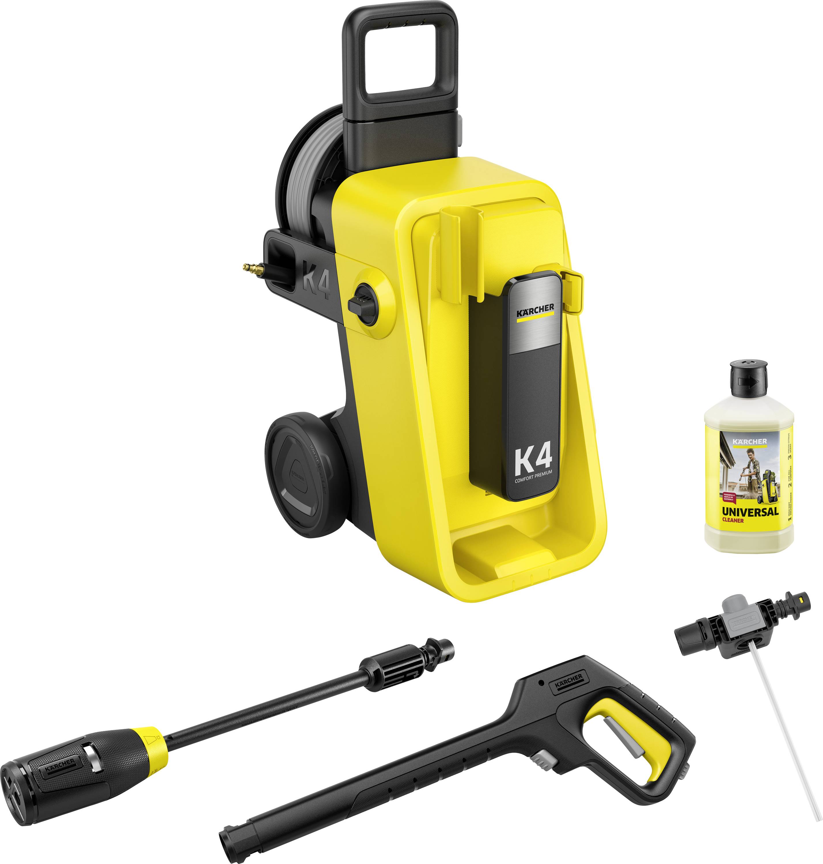 Kärcher K4 pressure washer kit with yellow/black washer, spray wand, hose, detergent bottle, and nozzle attachments on white background.