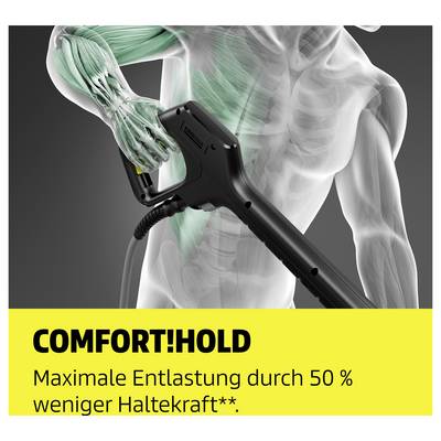 Product graphic of an electric power tool hand saw with 'COMFORTHOLD'; shows relieved hand grip and the text 'Maximum relief through 50% less grip force**'.