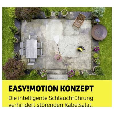 Aerial view of a garden with a person cleaning a patio with a high-pressure cleaner; text: 'EASY!MOTION CONCEPT' and 'The intelligent hose guide prevents annoying cable clutter.'