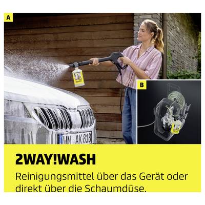 A woman cleans a car with a pressure washer; inset shows that the cleaning agent can be supplied directly via the foam nozzle or the device.