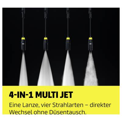 Advertising graphic for '4-IN-1 MULTI JET': four spray jets from a lance display different jet types, direct switching without nozzle replacement.