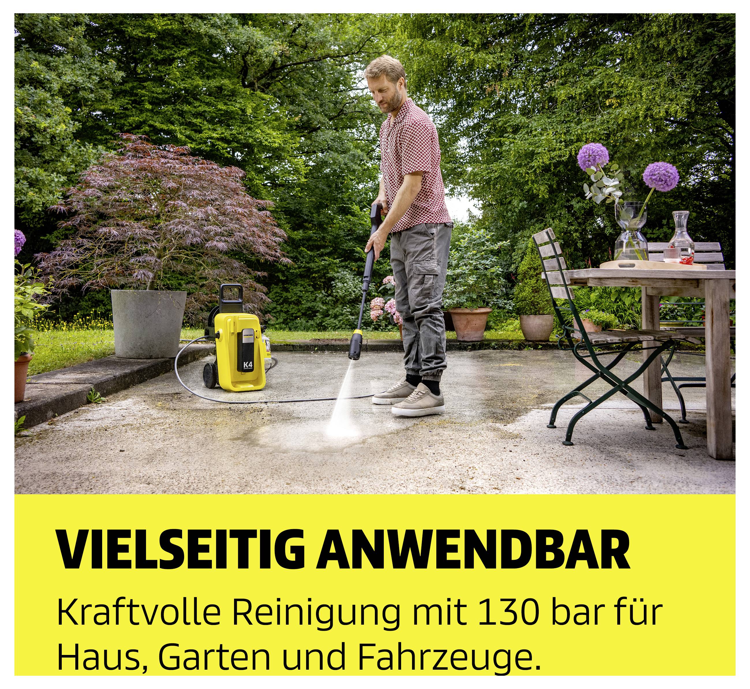 Man cleaning terrace with pressure washer; advertising text: 'VERSATILE AND MULTI-PURPOSE', powerful cleaning with 130 bar for house, garden and vehicles.