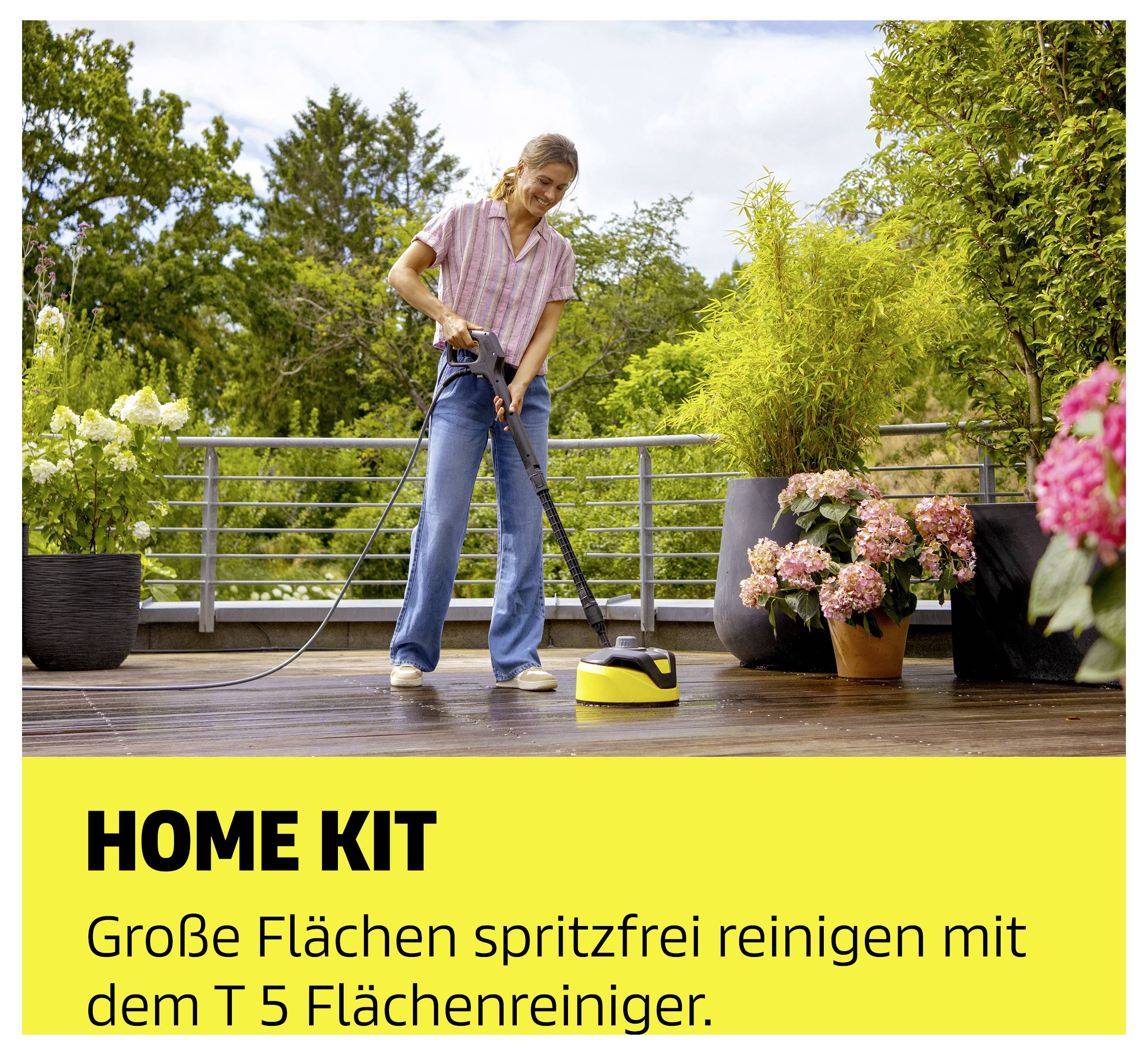 Woman cleaning a terrace with a surface cleaner; Text: 'HOME KIT' and 'Clean large areas with spray-free results using the T 5 surface cleaner.'