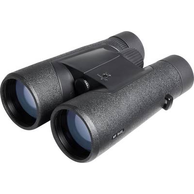 A pair of black binoculars with textured grips, large lenses at the front, and an adjustment knob in the center, viewed from a slight angle.