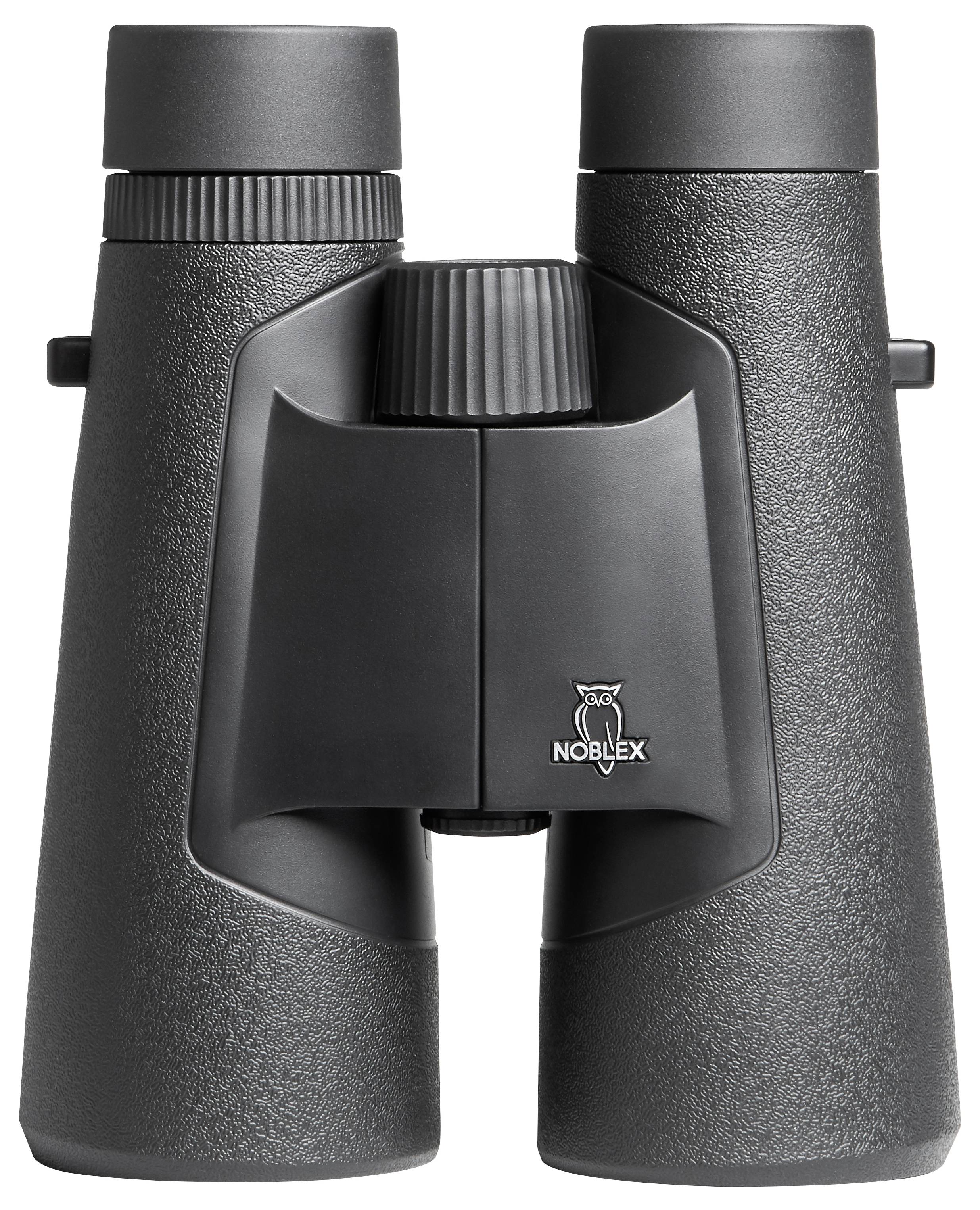 A pair of black binoculars with a textured grip, central focusing wheel, and the brand logo featuring an owl symbol on the bridge.