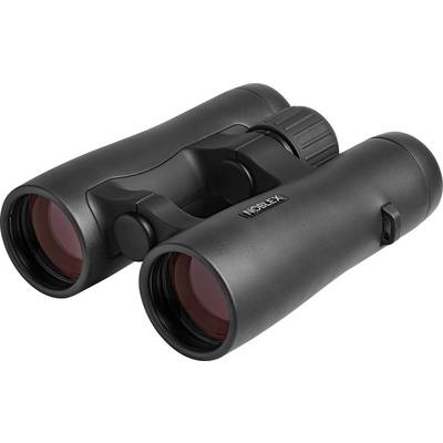Black binoculars with a textured grip, angled slightly to the right, showcasing red-tinted lenses on a white background.