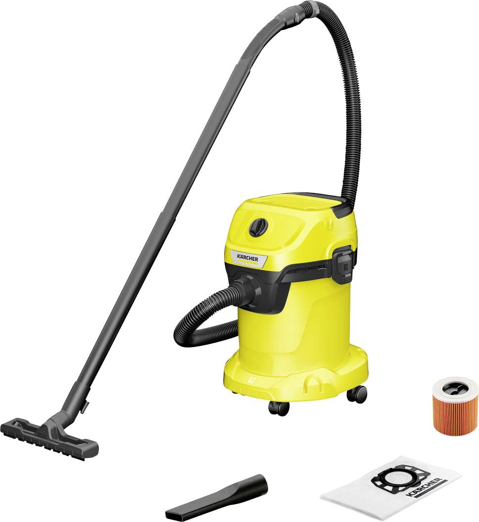'Yellow vacuum cleaner with a flexible hose and brush attachment. Includes a nozzle, filter, and vacuum bag. Suitable for home use.'
