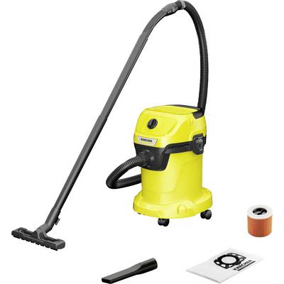 'Yellow vacuum cleaner with a flexible hose and brush attachment. Includes a nozzle, filter, and vacuum bag. Suitable for home use.'