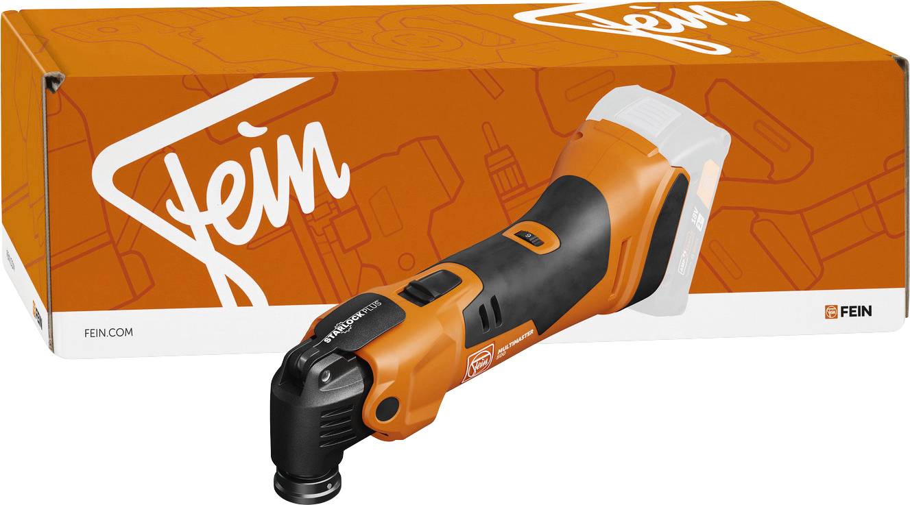 An orange Fein cordless multi-tool in front of its branded box, showcasing its ergonomic design and compact size.