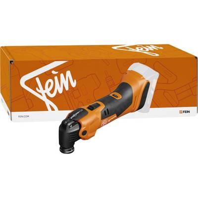 An orange Fein cordless multi-tool in front of its branded box, showcasing its ergonomic design and compact size.