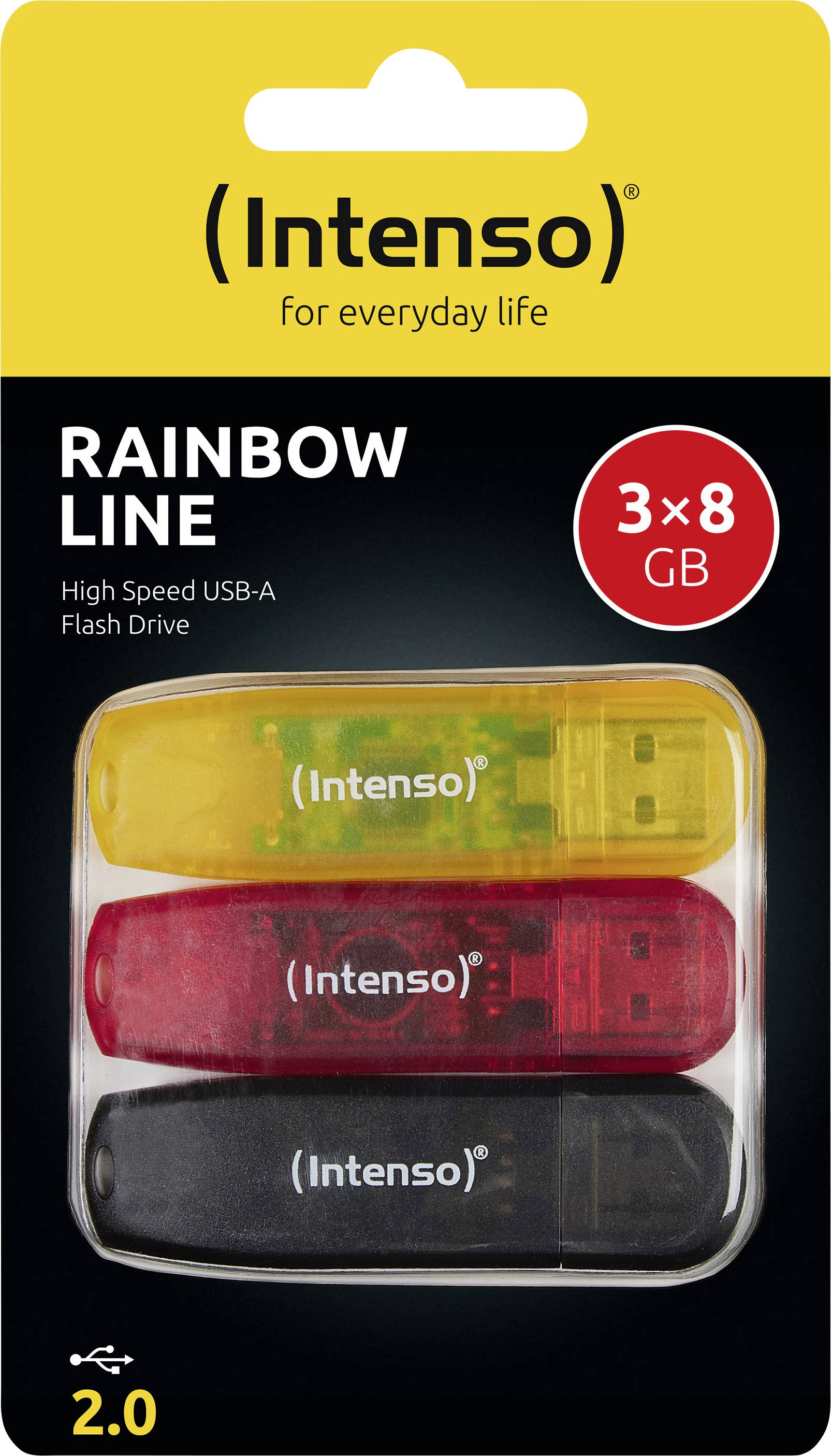 'Intenso Rainbow Line' pack featuring three 8 GB USB-A flash drives in yellow, red, and black. Text: 'High Speed USB-A Flash Drive'.