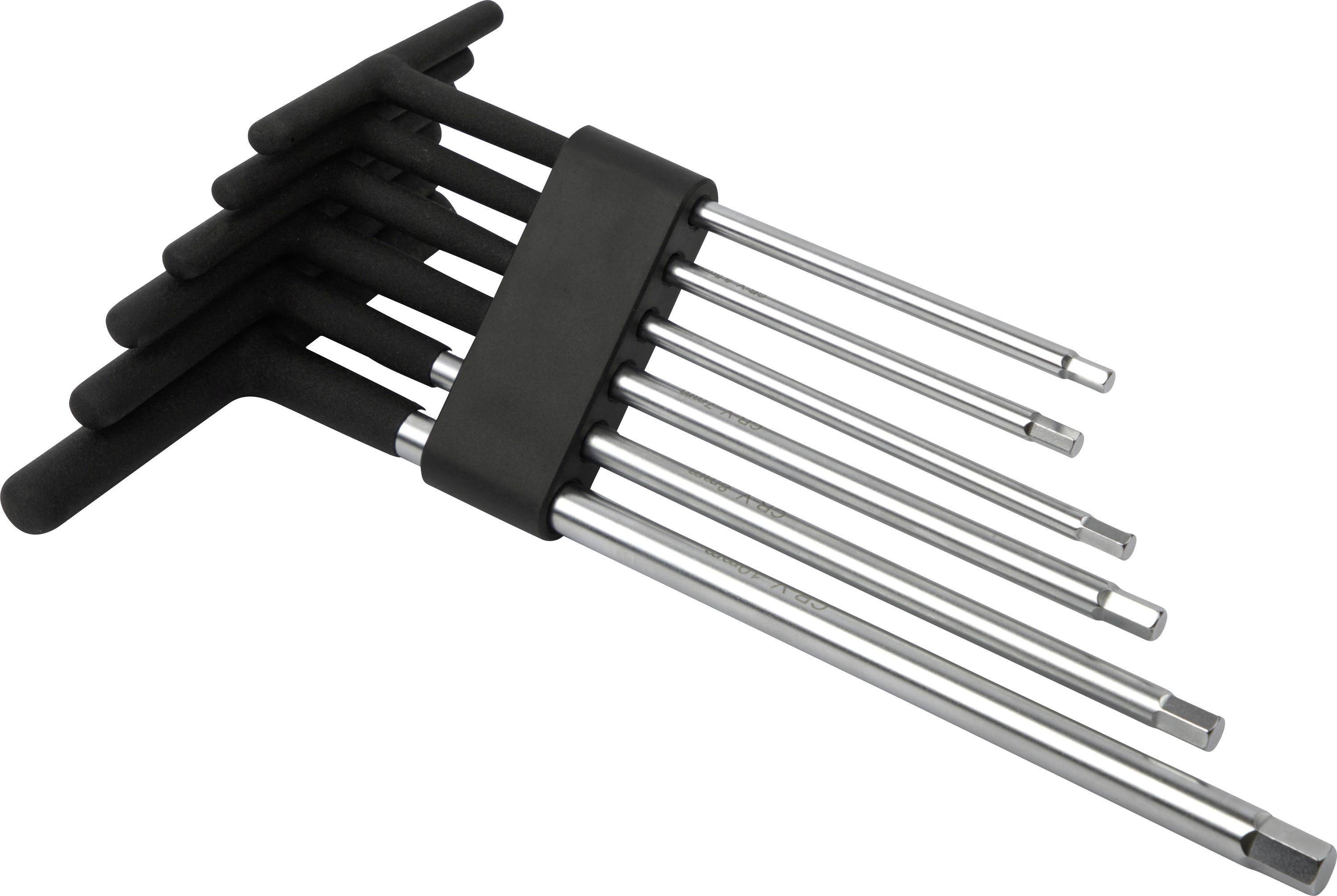 'A set of T-handle hex wrenches in various sizes arranged in a holder, useful for mechanical repairs and assembly.'