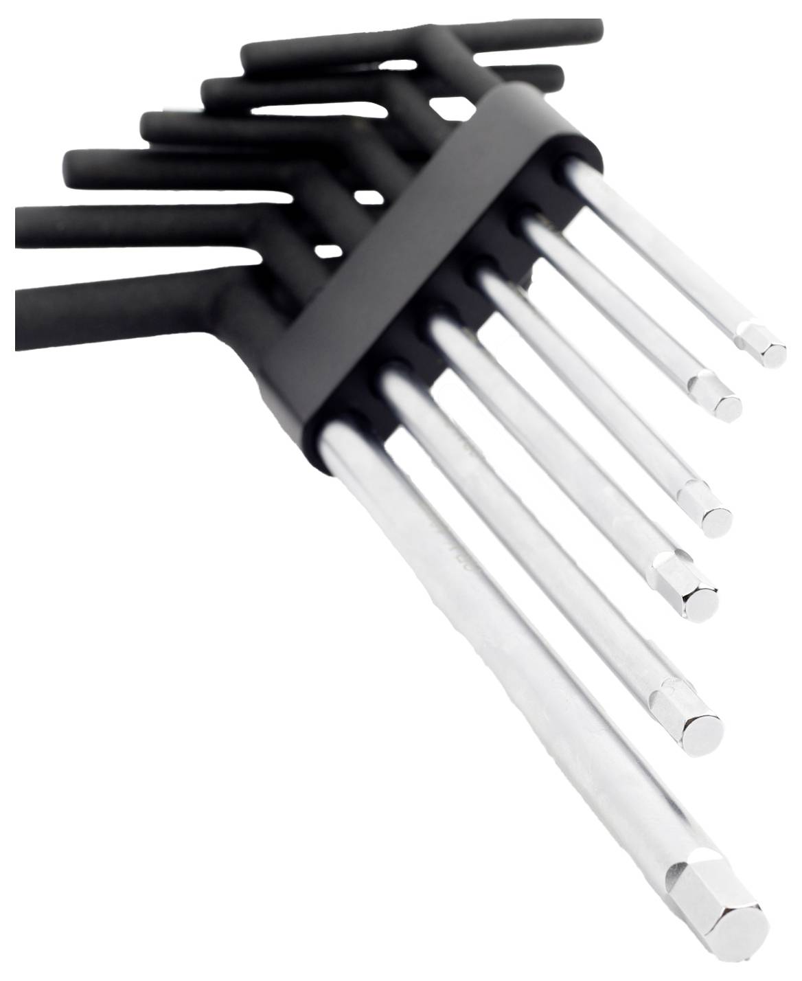 A set of hex keys in various sizes, neatly organized in a black holder. The keys are angled, displaying both ends for visibility.