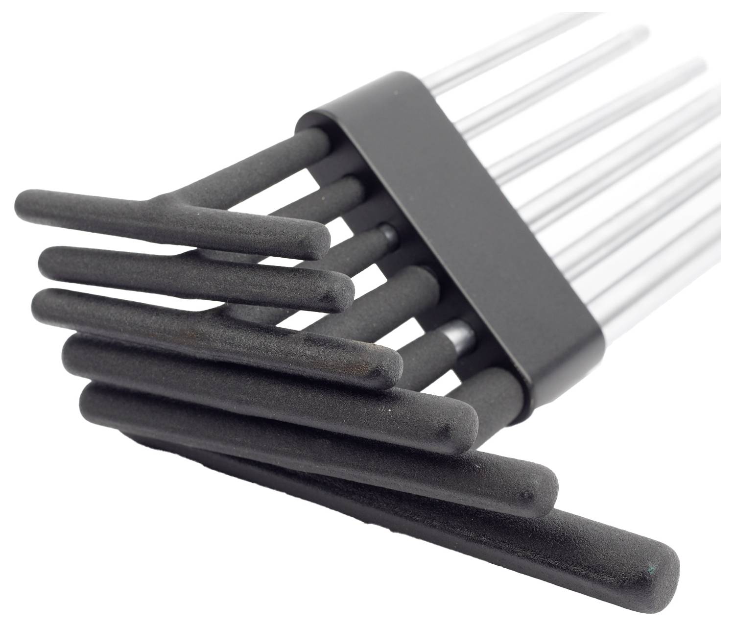 A close-up image of a set of black L-shaped Allen wrenches arranged in increasing size.
