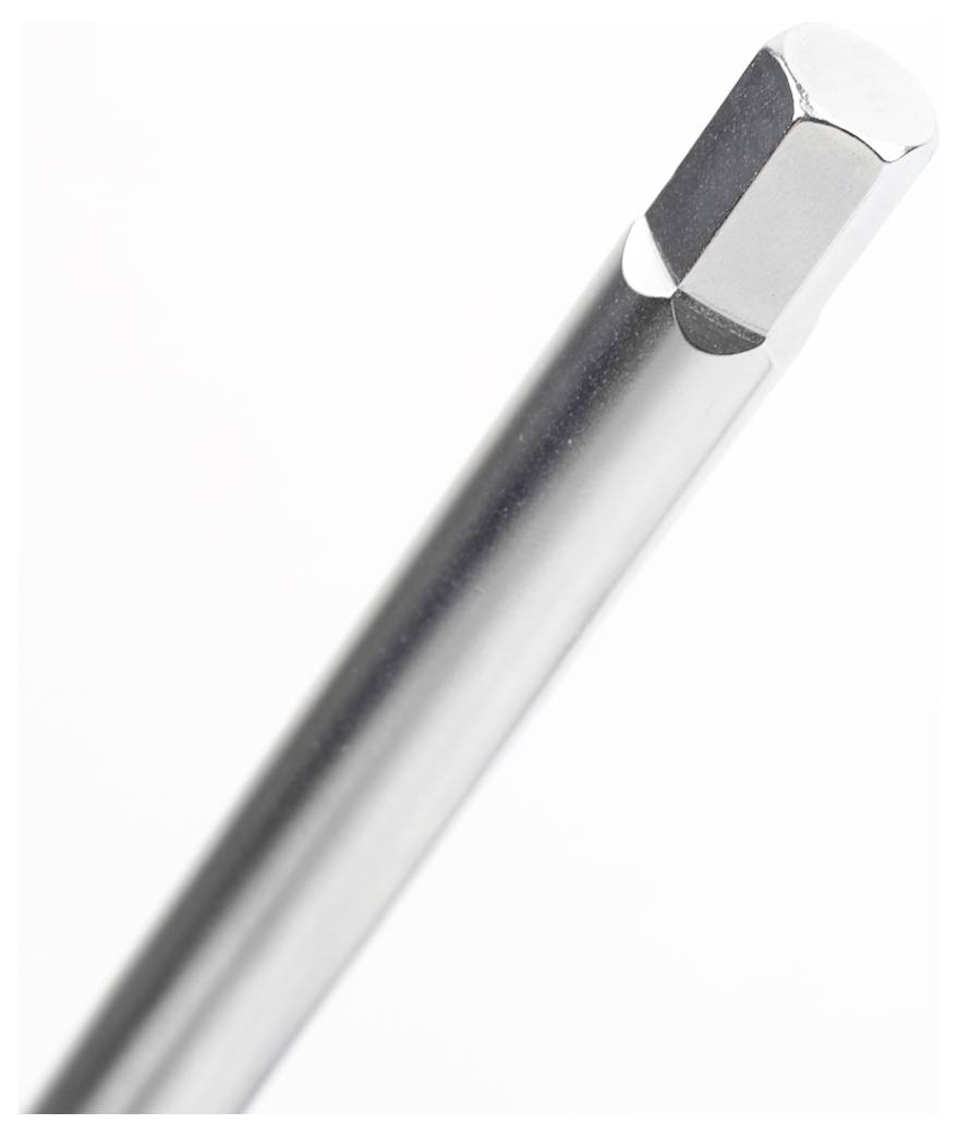 A close-up of a shiny, metallic hex key with a beveled end, isolated on a white background.