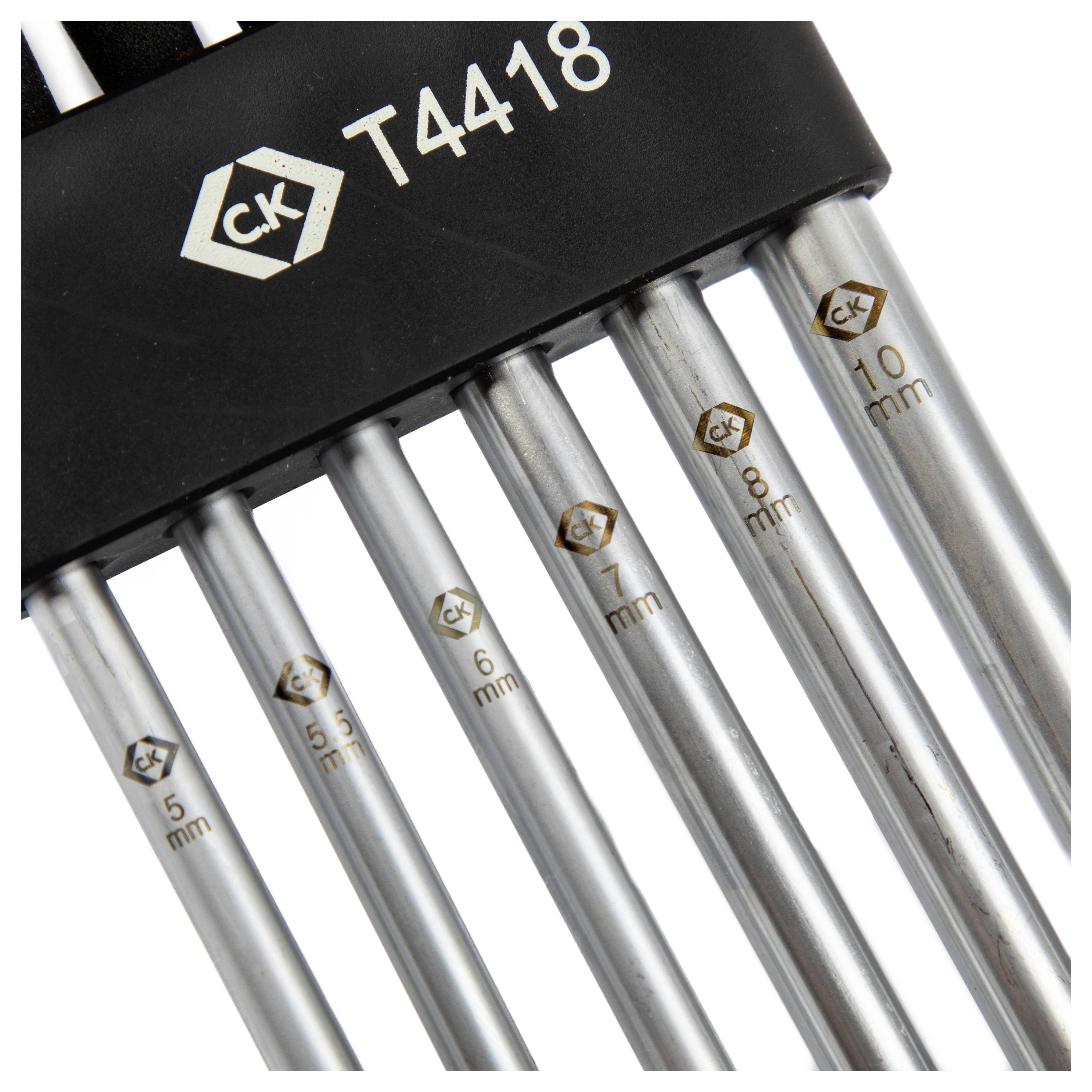 A set of CK branded Allen keys with different sizes etched on each, ranging from 5mm to 10mm, displayed in a black plastic holder.