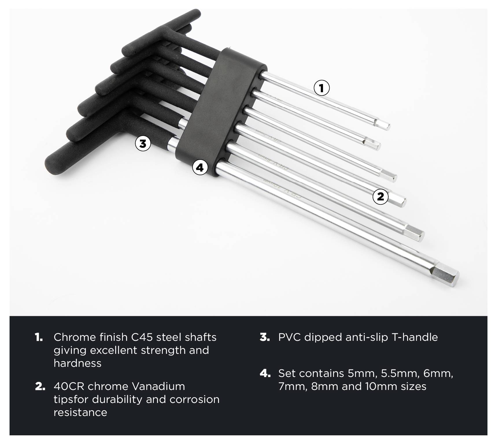 T-handle hex key set with six sizes: 5mm, 5.5mm, 6mm, 7mm, 8mm, and 10mm. Chrome finish shafts, anti-slip handle, durable tips.