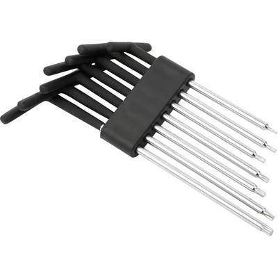 A set of nine silver and black hex wrenches, each with a different size, arranged in a fan shape, held together by a black holder.