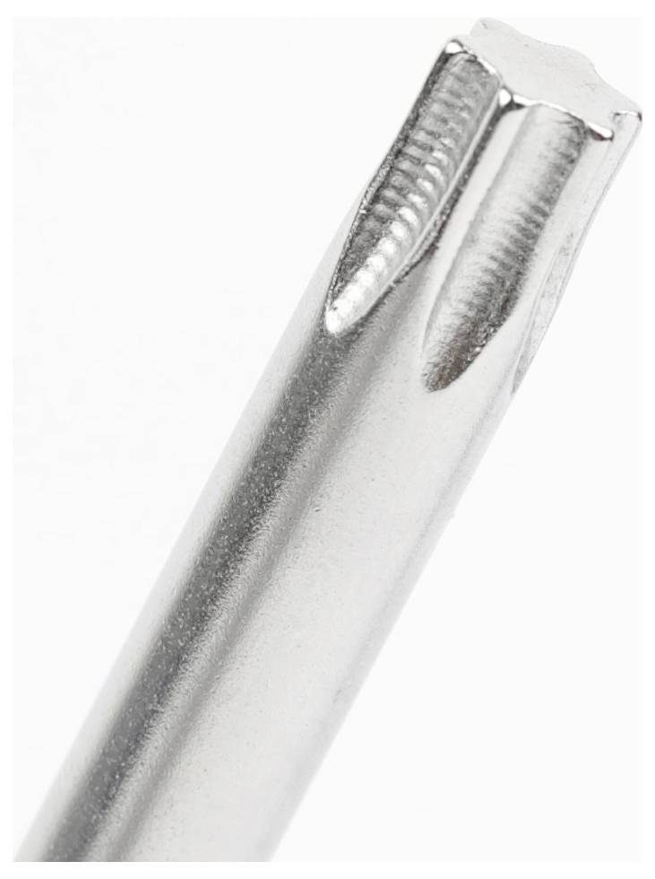 A close-up image of a metallic tool with a grooved, cylindrical shape and multiple flutes on one end, typically used for drilling or screwing tasks.