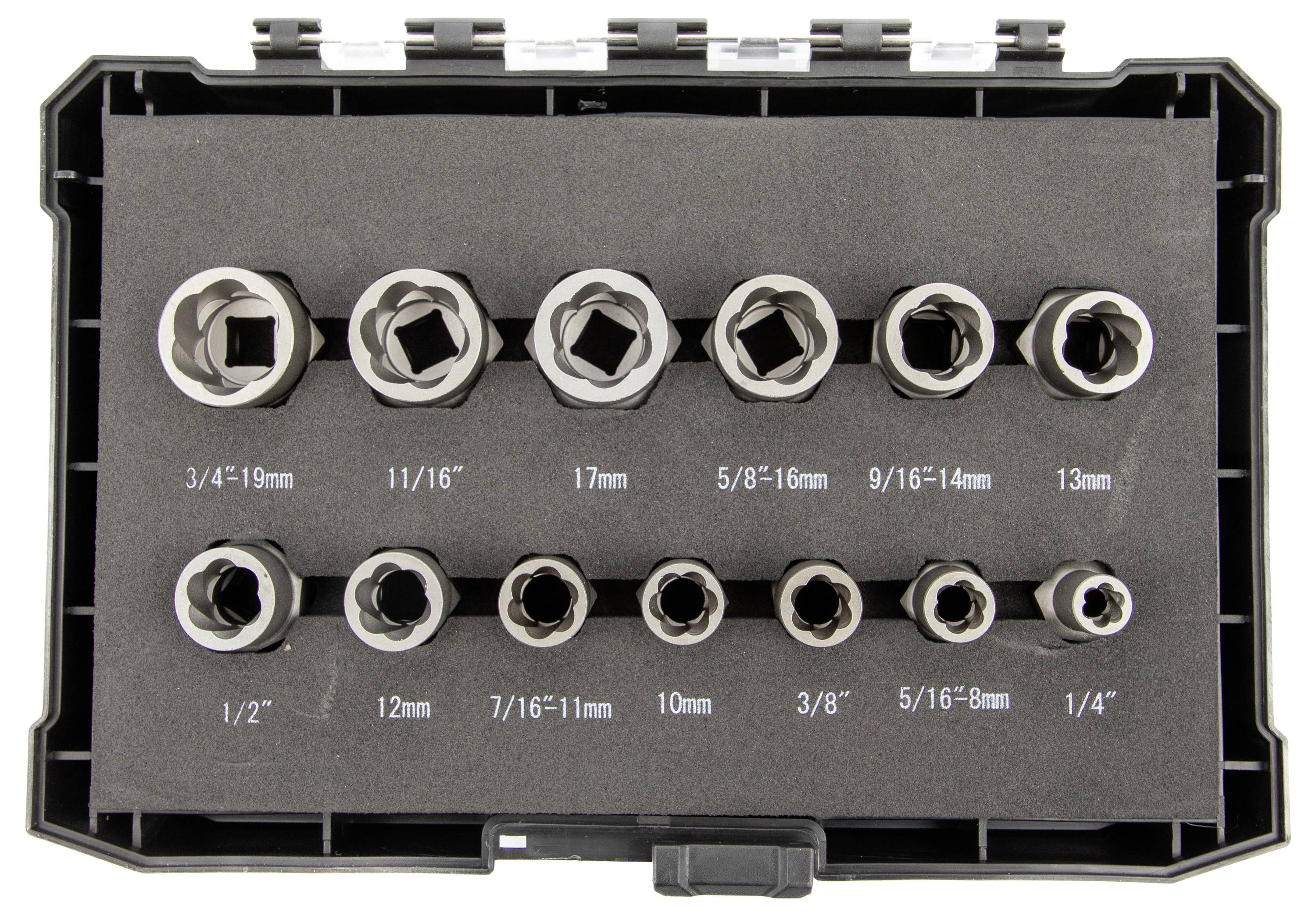 A set of 13 socket wrenches in a black case, labeled with sizes ranging from '3/4''-19mm' to '1/4'''.