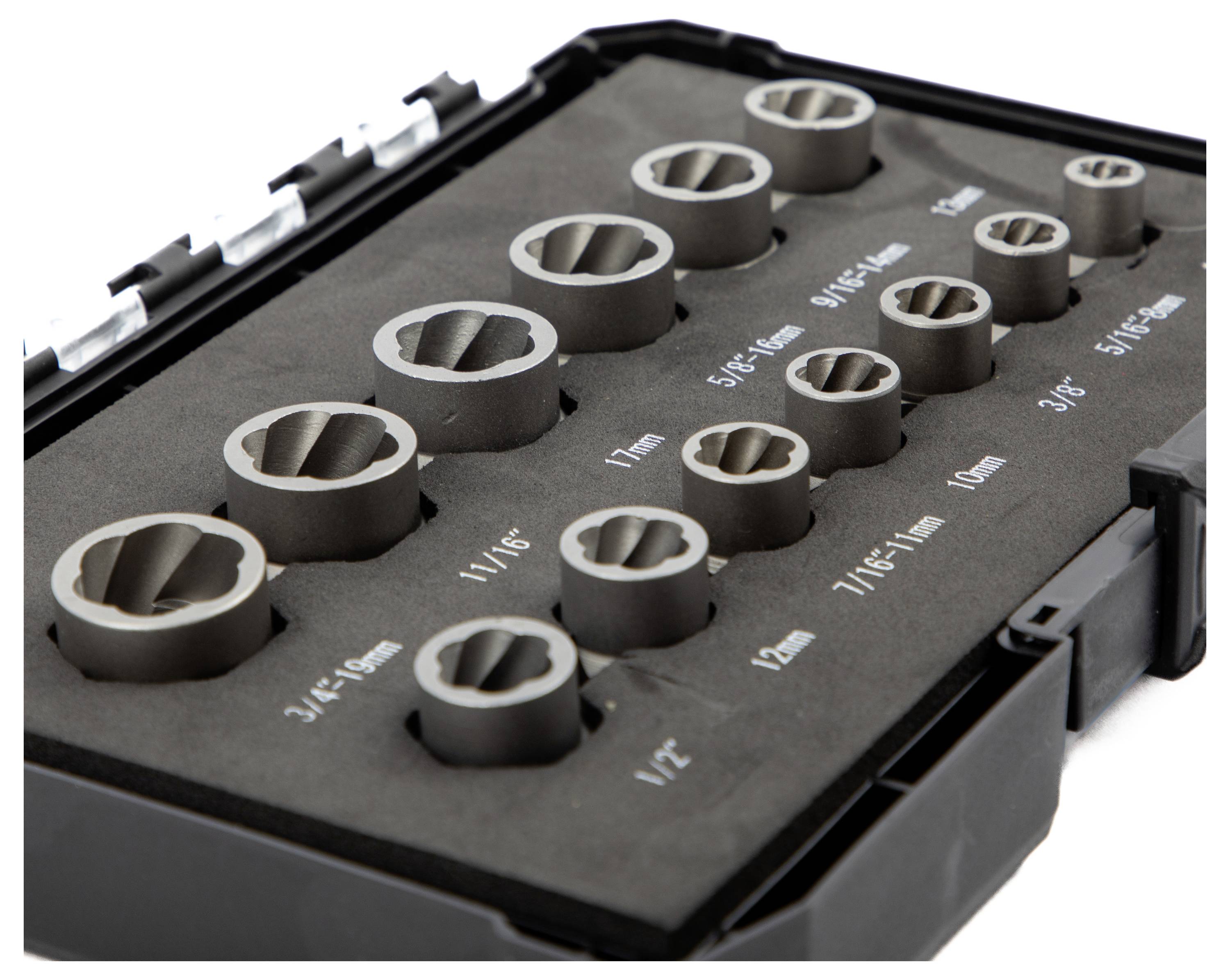 A set of twelve metal socket adapters arranged in a black foam case, each tool labeled with its respective size ranging from 8mm to 19mm.