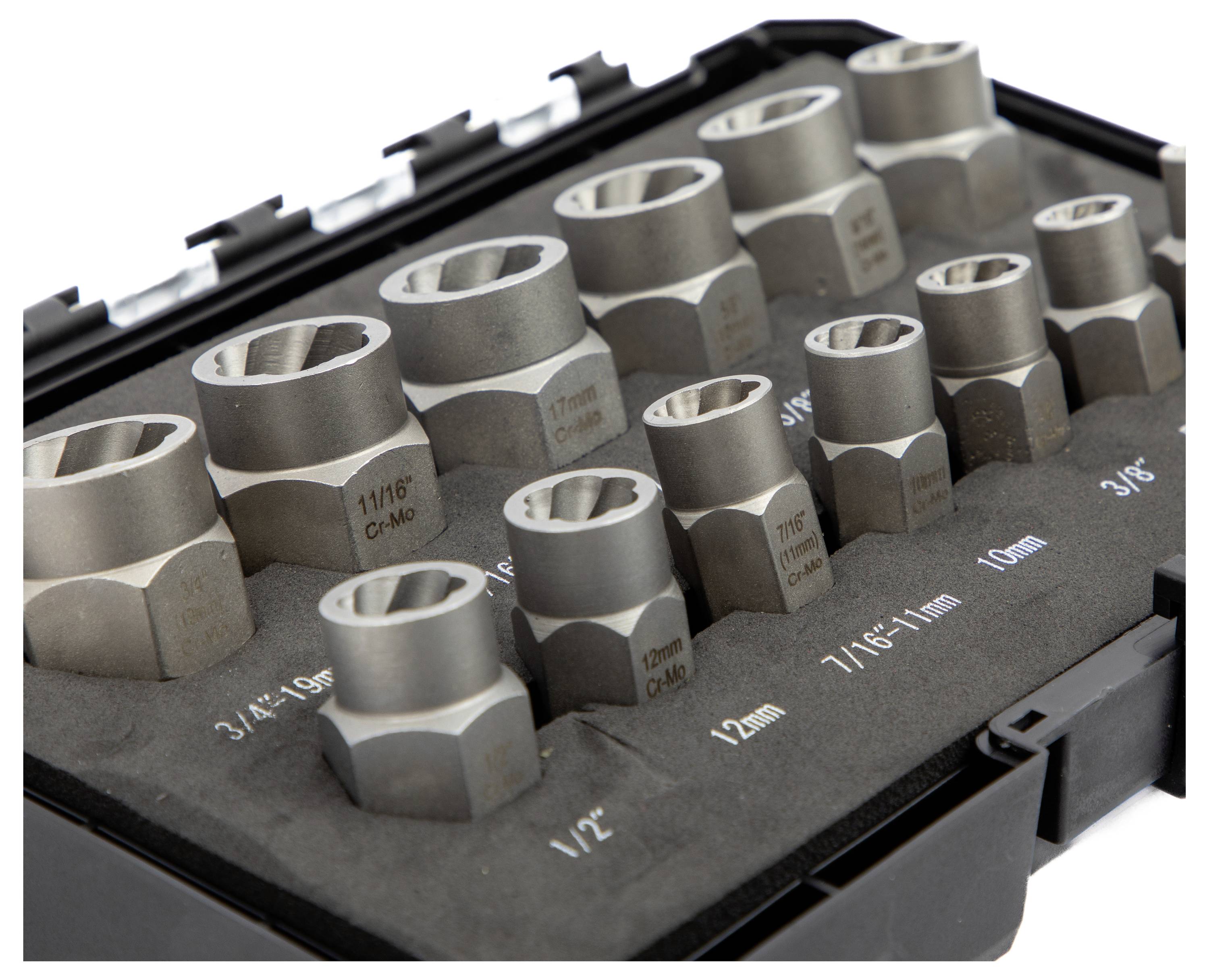 'A set of various socket heads in a black foam case, labeled with sizes from 3/8" to 22mm, organized in rows from largest to smallest.'