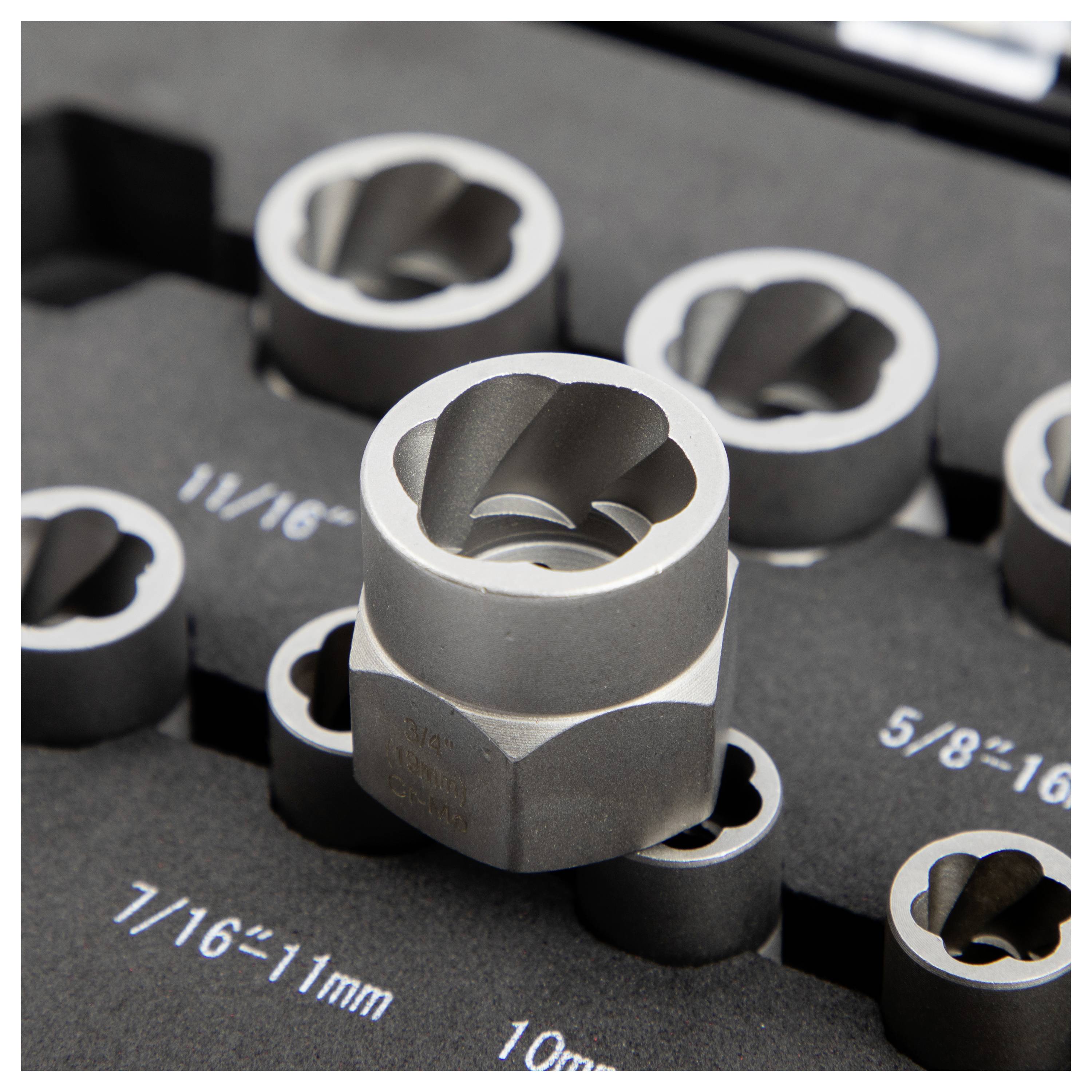 A close-up of a socket set displayed in a foam tray, showing various sizes labeled in both metric and imperial measurements.