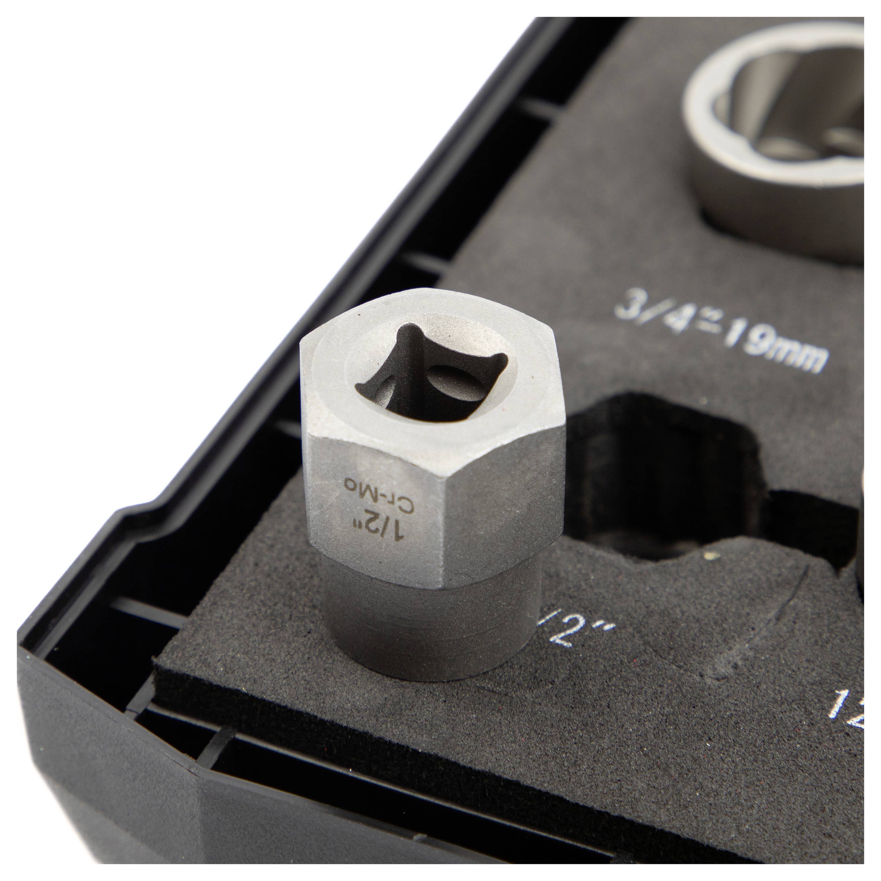 A metal socket labeled '1/2" Cr-Mo' sits in a foam case along with other sockets, with a label nearby reading '3/4" 19mm'.