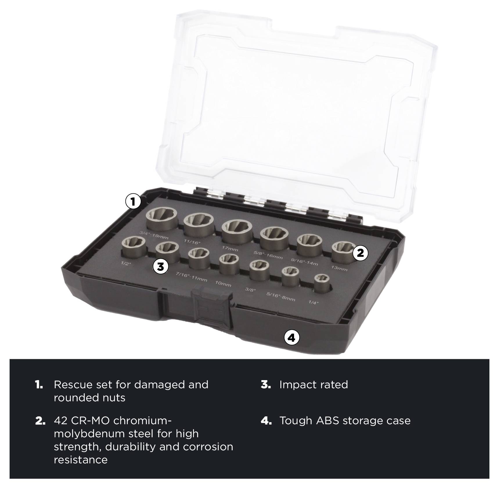 'Set of socket tools in a case with labeled parts: 1) Rescue set for damaged nuts, 2) CR-MO steel, 3) Impact rated, 4) ABS storage case.'