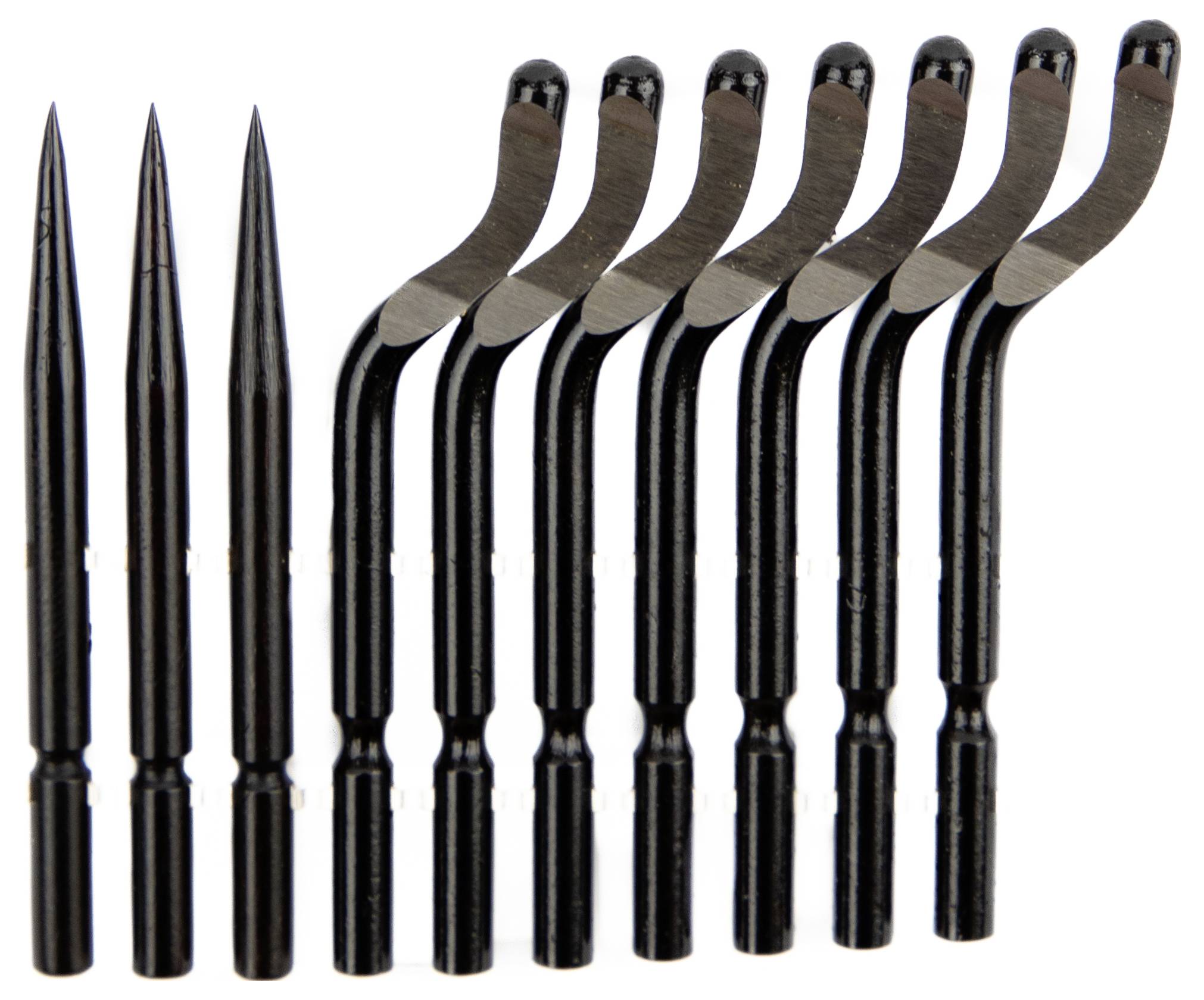 Set of dental hand instruments: four straight scalers with pointed tips on the left and four curved scalers on the right.
