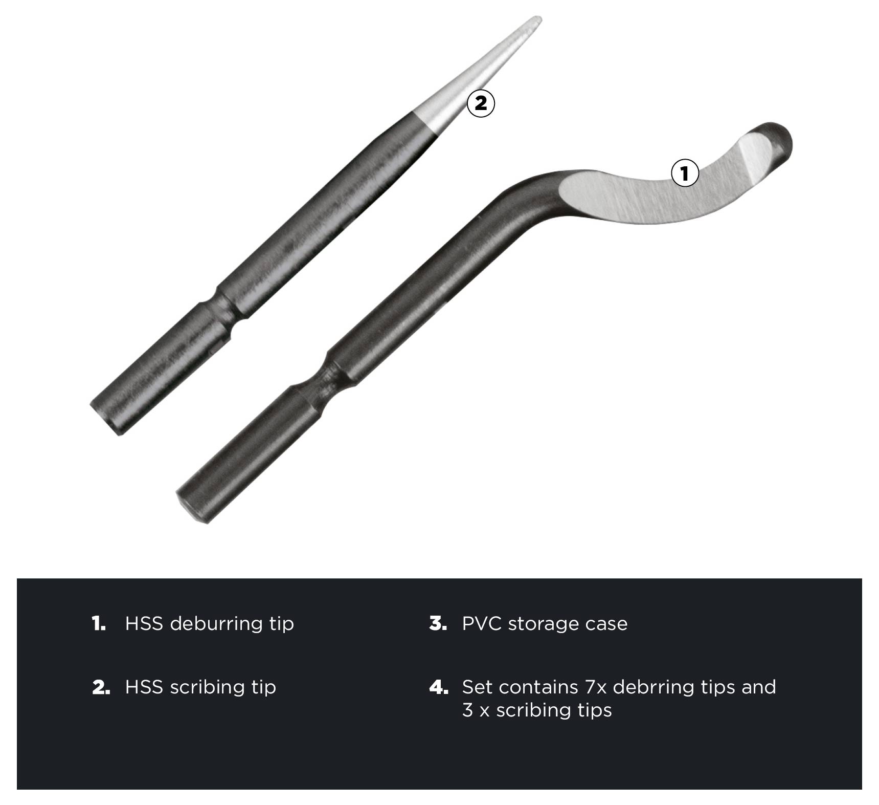 'HSS deburring and scribing tips. Set includes 7 deburring tips and 3 scribing tips. Comes with a PVC storage case.'
