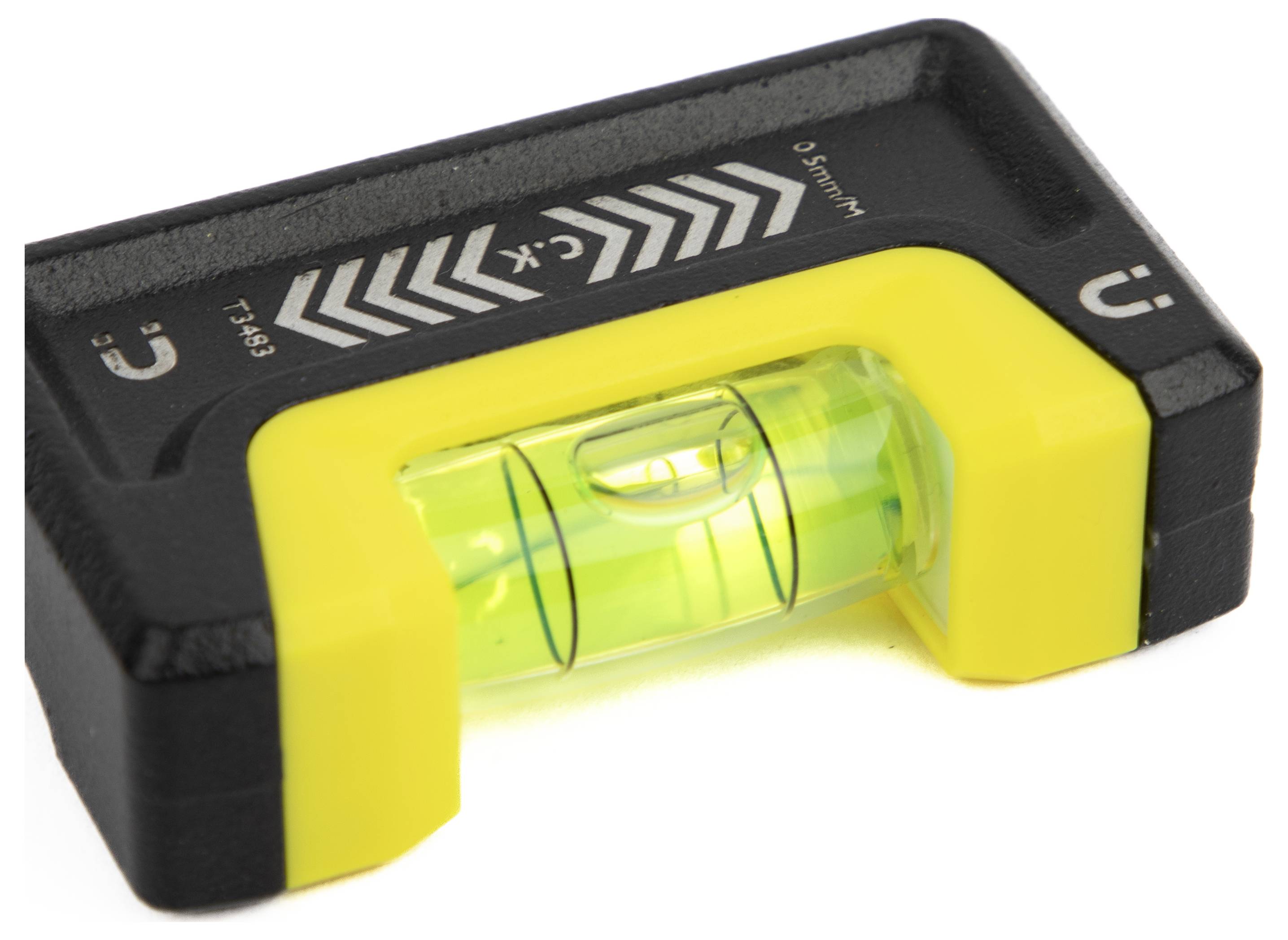A compact magnetic spirit level with yellow casing, featuring a horizontal bubble vial for measuring surface levelness.