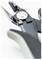 Close-up of a black wire cutter with a shiny metal blade, showing details of the pivot mechanism and grip handle, on a white background.