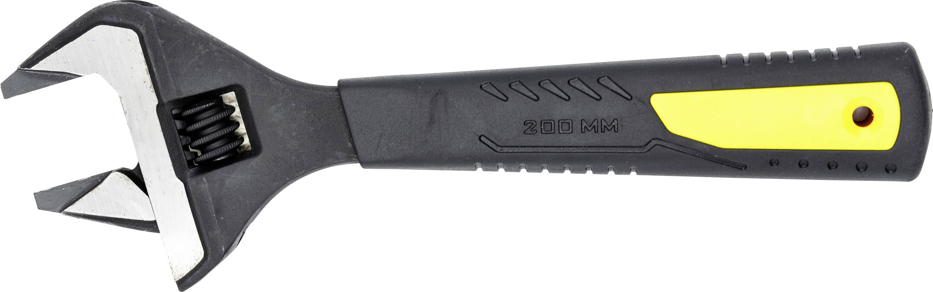 An adjustable wrench with a black and yellow handle, designed for gripping and turning various sizes of nuts and bolts.