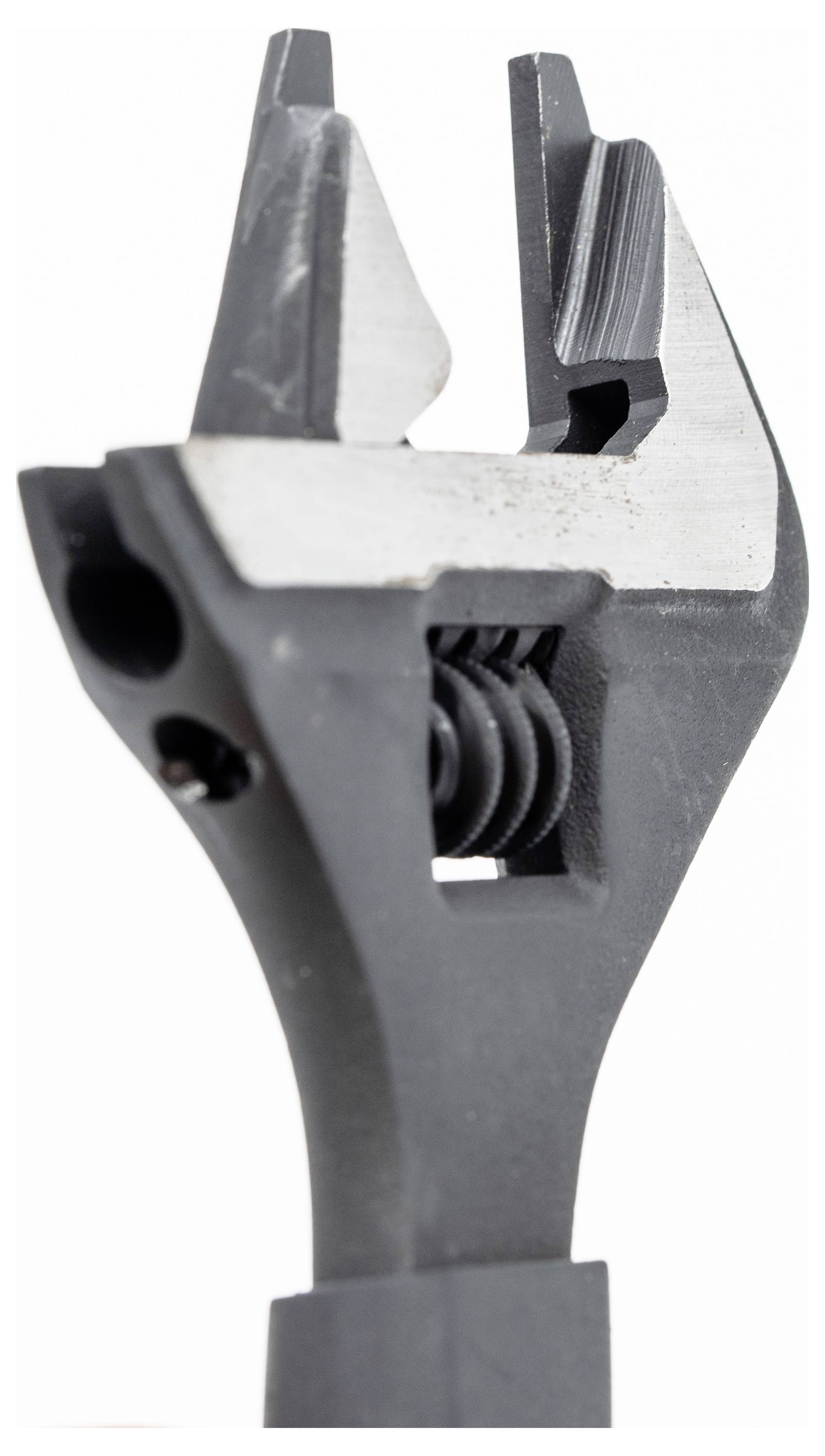 An adjustable wrench with a silver movable jaw and a black handle, positioned vertically against a white background.