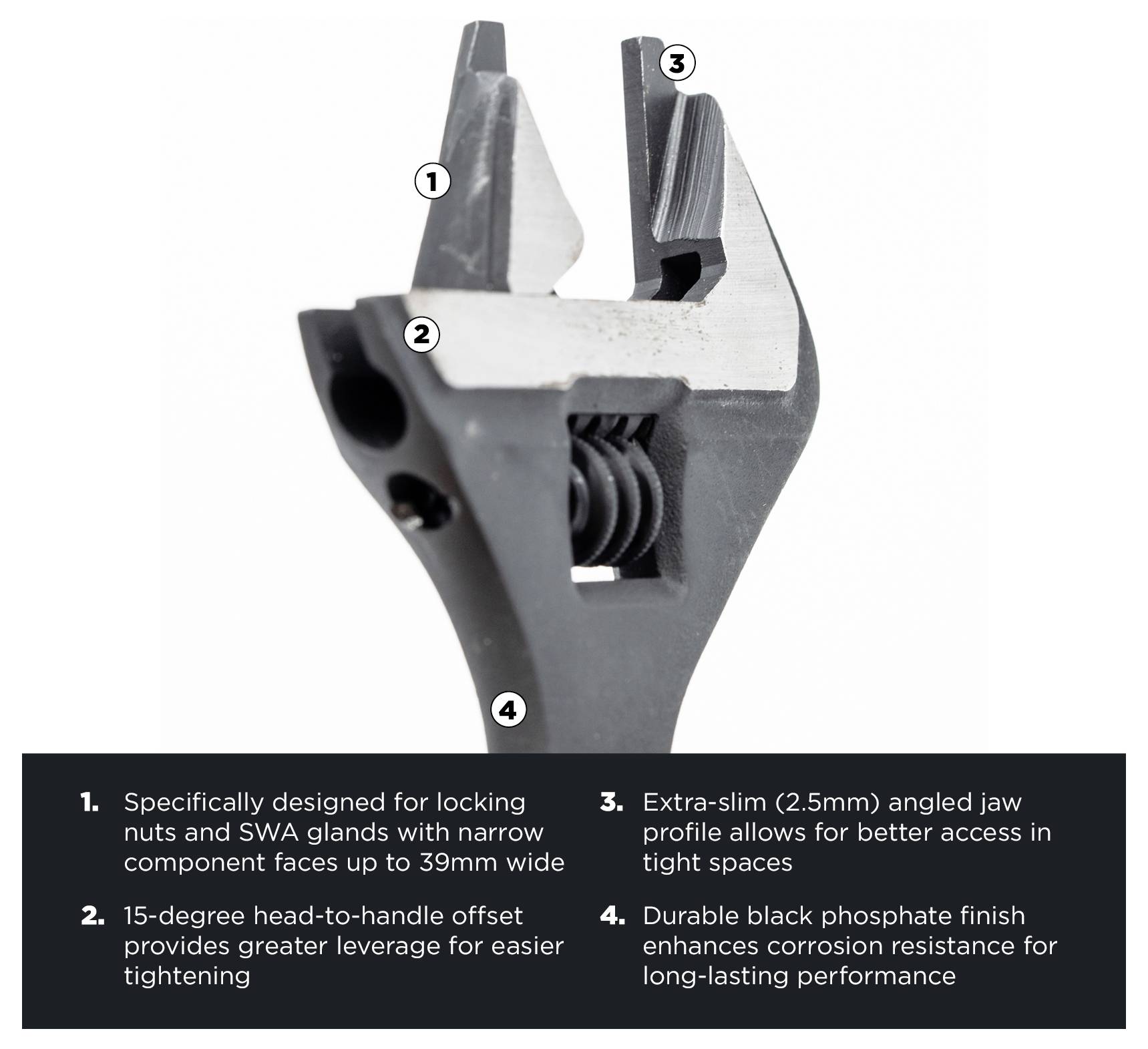'Angled wrench with four features highlighted: narrow jaws, 15-degree offset handle, extra-slim profile for tight spaces, and corrosion resistance.'