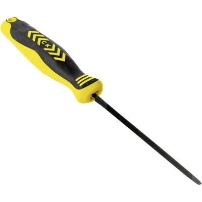 A yellow and black hand file with an ergonomic handle for comfortable grip, used for smoothing or shaping metal surfaces in workshops.