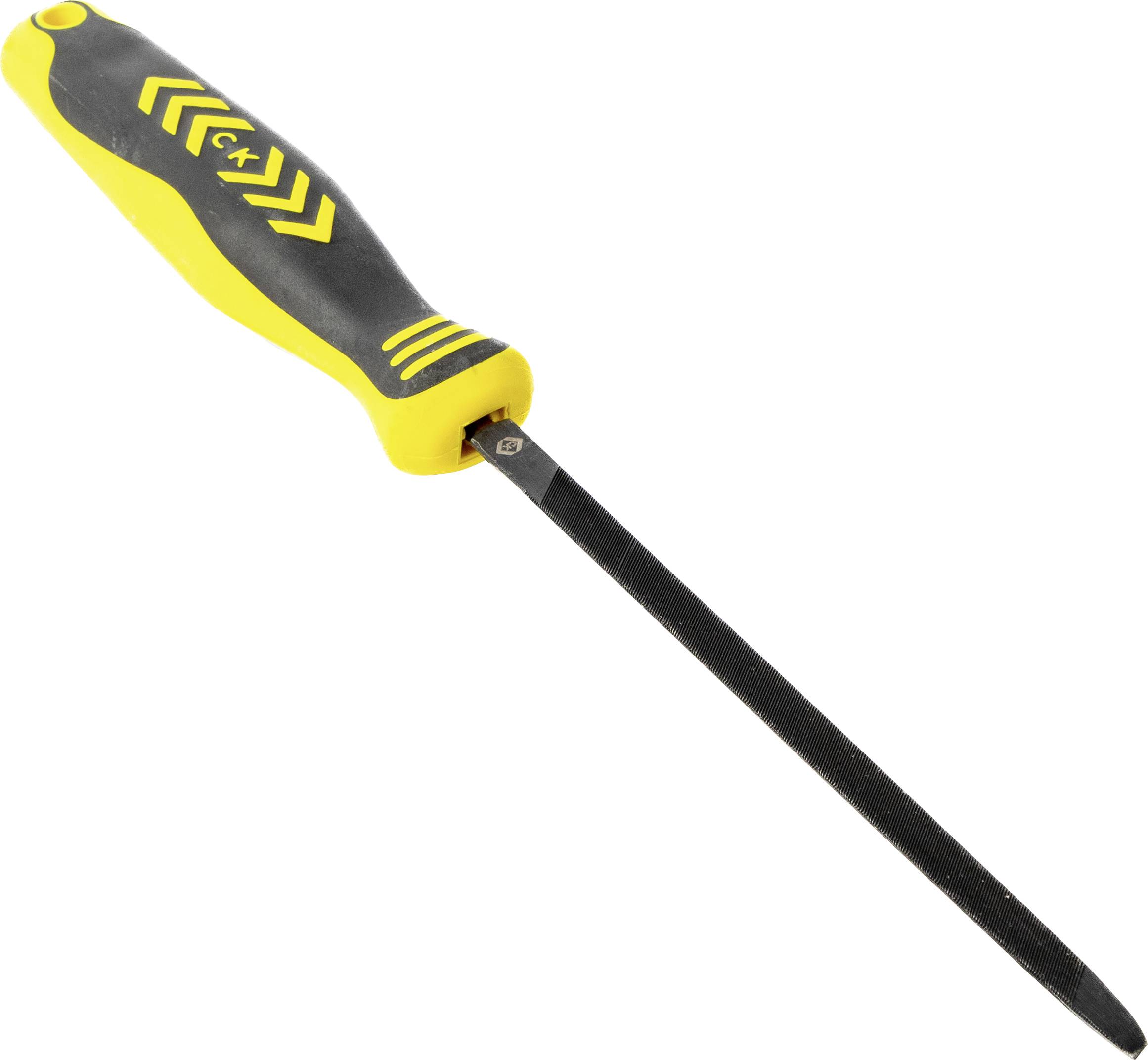 Yellow and black flat file tool with a textured handle, designed for shaping and smoothing surfaces.