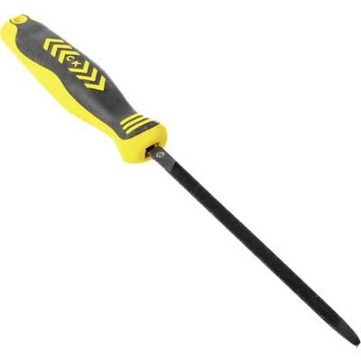 Yellow and black flat file tool with a textured handle, designed for shaping and smoothing surfaces.