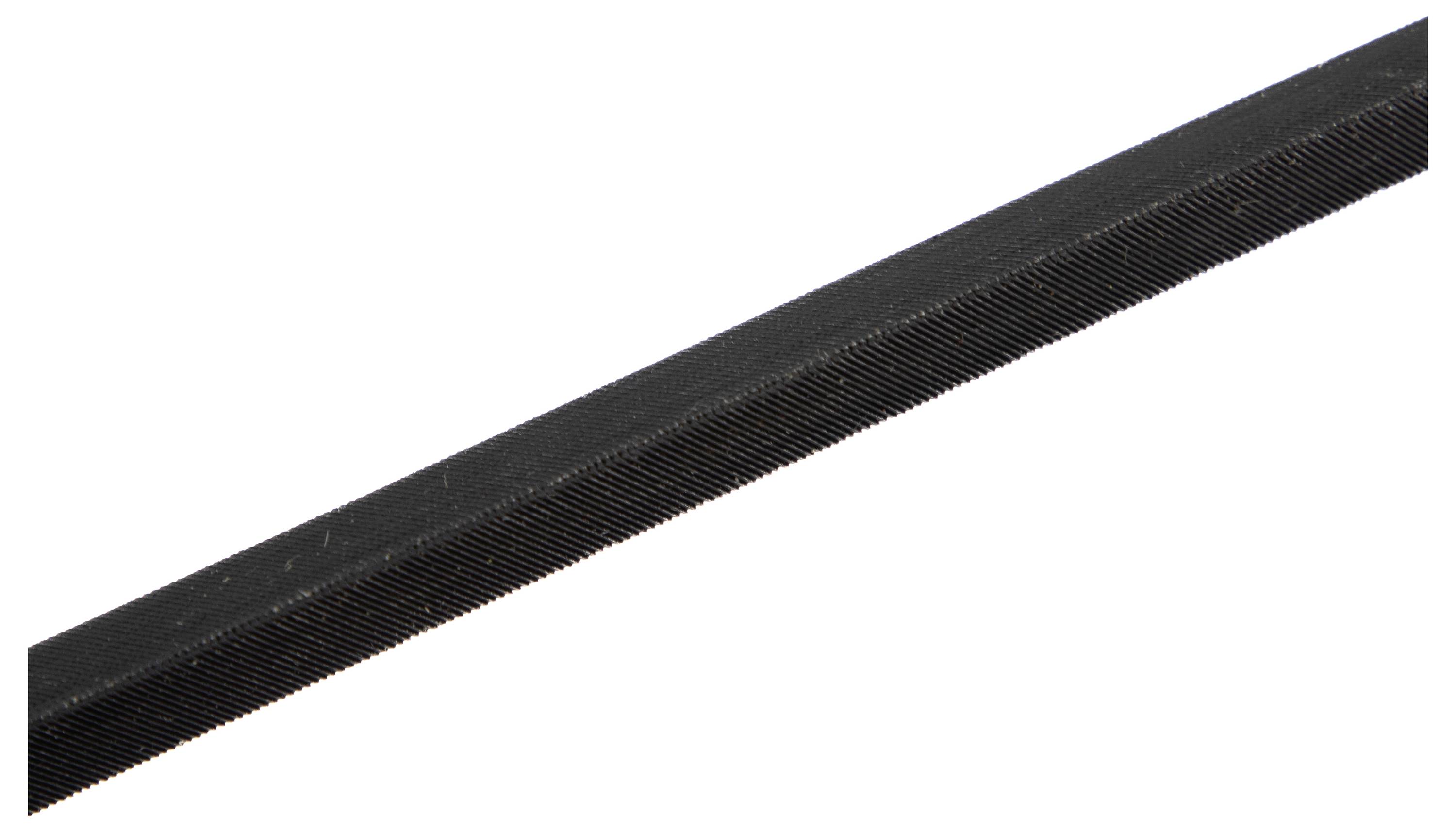 A close-up view of a metal file, showing its serrated surface used for smoothing or shaping materials.