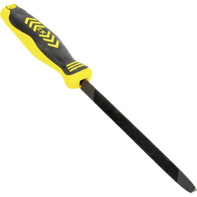 A three-sided metal file with a yellow and black handle, used for shaping and smoothing materials.