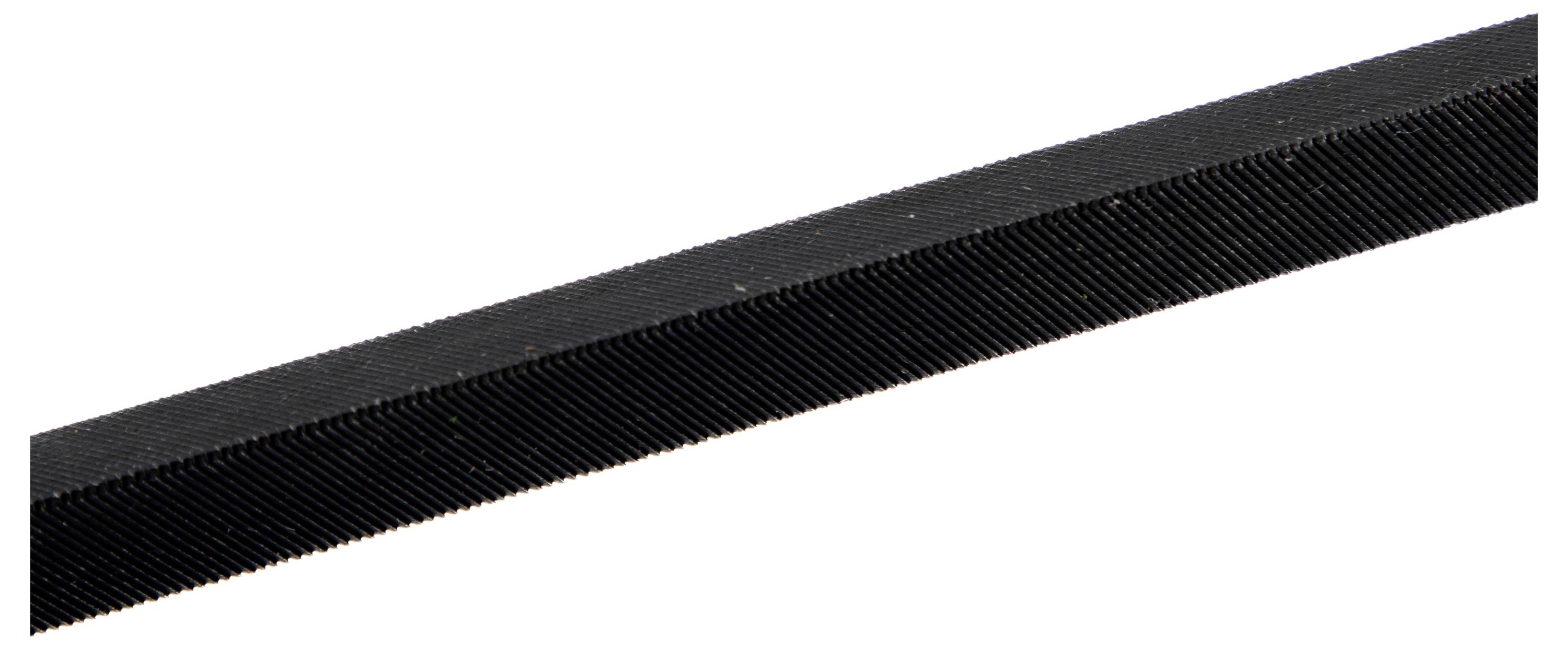 A black metal file with fine horizontal ridges for smoothing and shaping materials.
