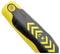 A close-up image of a black and yellow tool handle with 'CK' and arrow patterns, featuring a circular orange button on the top end.