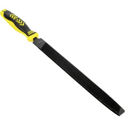 A black metal file with a yellow and black handle, designed for smoothing surfaces or shaping materials.