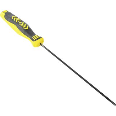A long, black screwdriver with a yellow and black handle featuring a '+' symbol, viewed from an angle, positioned on a white background.