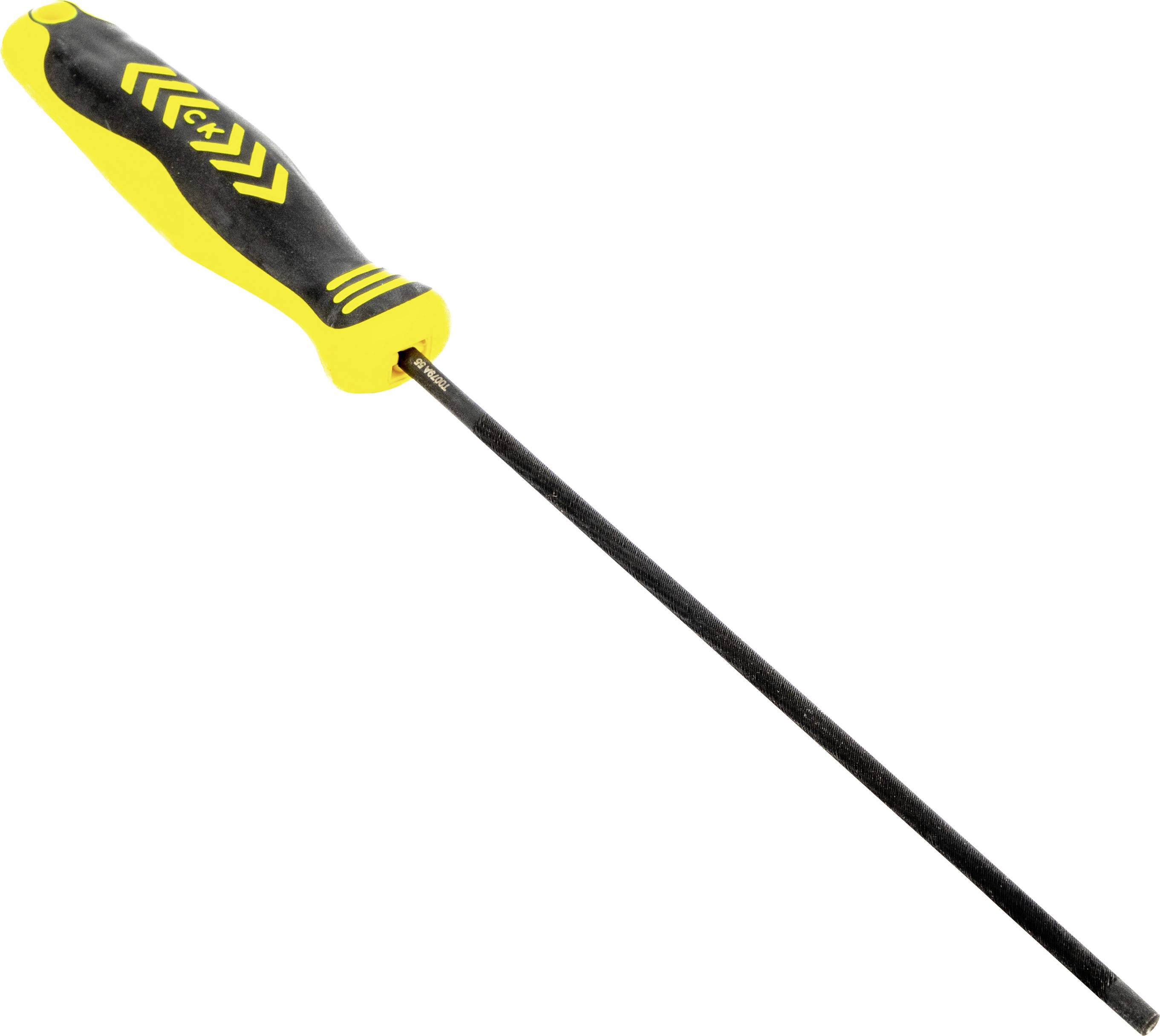 A black and yellow screwdriver with a long metal shaft and ergonomic handle, designed for precision work and comfortable grip.